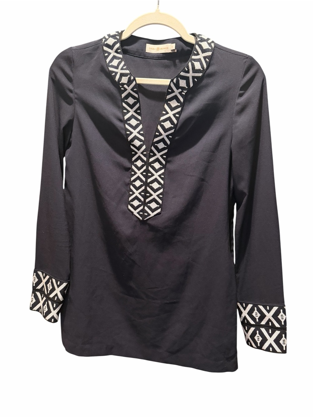 Tory Burch Black Tunic with White Geometric Trim Size 0